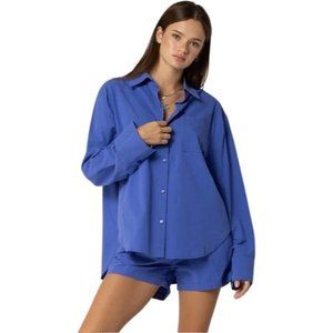 Womens Small Blue Button Front Shirt Long Sleeve Casual Loose Fit Chest Pocket